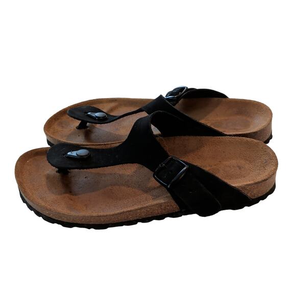 Bio Bio Shoes - Bio Bio Women's Sz 39 (8.5) Black Leather Cork Sole Thong Sandals Comfort